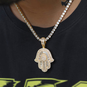 Iced Baguette Hamsa Hand Necklace