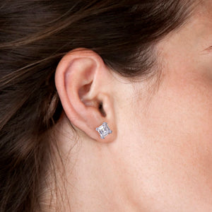 14k Princess Cut Stud Earrings - Pair in 925 Sterling Silver
