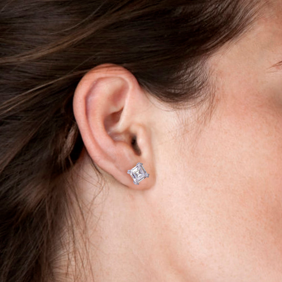 14k Princess Cut Stud Earrings - Pair in 925 Sterling Silver