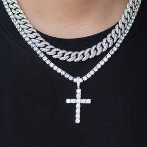 BUNDLE - Diamond Cuban Link Choker (10mm)+ Cross & Tennis Chain 4mm in White Gold