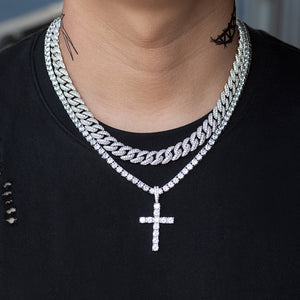 BUNDLE - Diamond Cuban Link Choker (10mm)+ Cross & Tennis Chain 4mm in White Gold