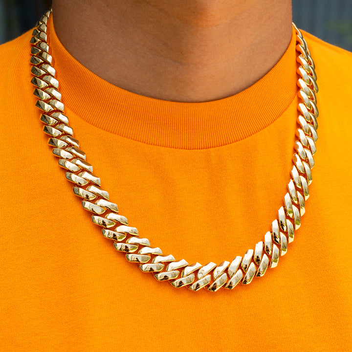 14mm Prong Miami Cuban Link Chain In Yellow Gold