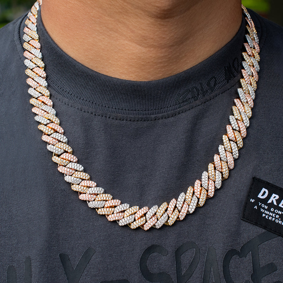 Tri-Color Prong Cuban Link Choker (12mm)  in White/Gold/Rose Gold