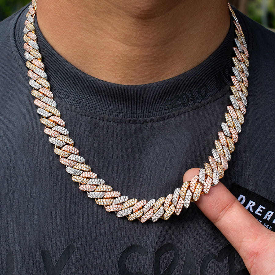 Tri-Color Prong Cuban Link Choker (12mm)  in White/Gold/Rose Gold