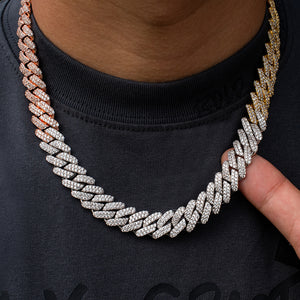 Tri-colored Prong Cuban Link Necklace(12mm) In White/Yellow/ Rose Gold