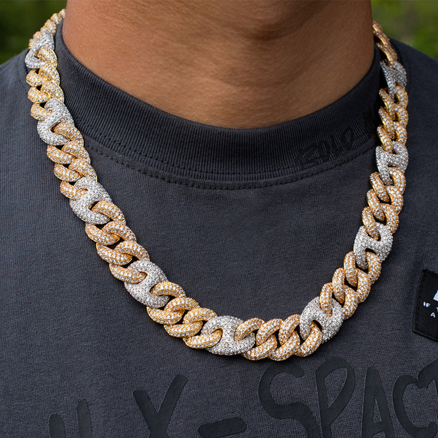 15mm Two-Tone Diamond Cuban Link Necklace in Yellow/White Gold