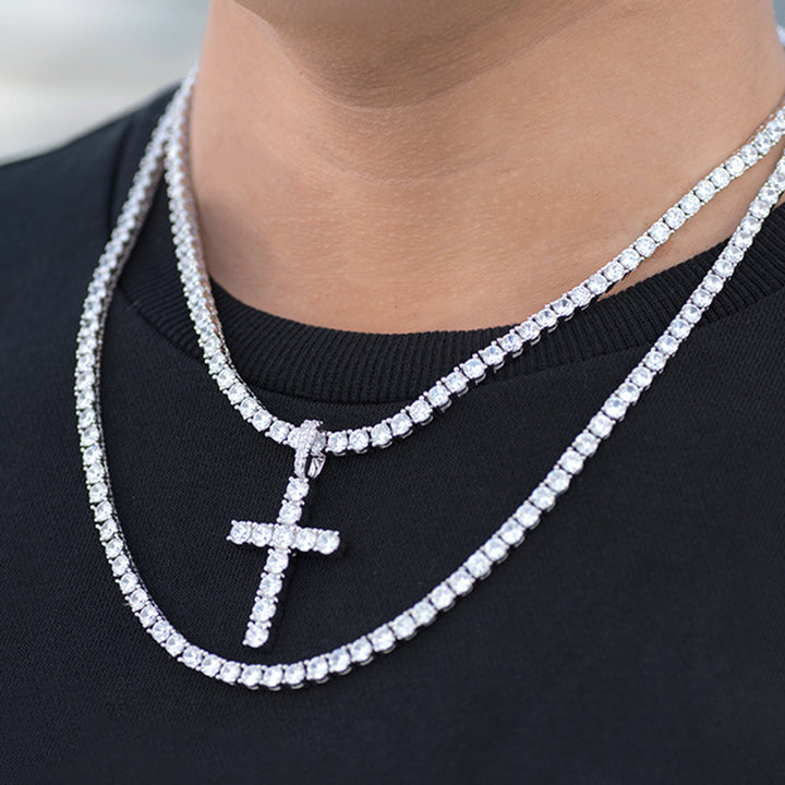 BUNDLE - Round Cut Cross + Two PCS 4mm Tennis Chain in White Gold