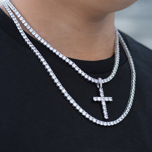 BUNDLE - Round Cut Cross + Two PCS 4mm Tennis Chain in White Gold