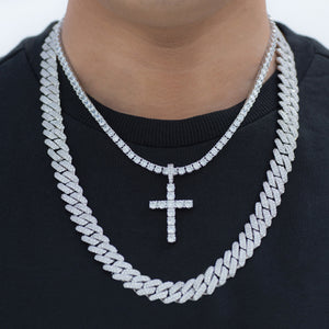 BUNDLE - 12mm Prong Cuban Chain+ Cross 4mm Tennis Chain in White Gold