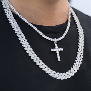 BUNDLE - 12mm Prong Cuban Chain+ Cross 4mm Tennis Chain in White Gold