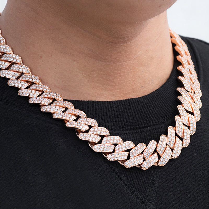 Diamond Two Rows Prong Cuban Chain (19mm) in Rose Gold