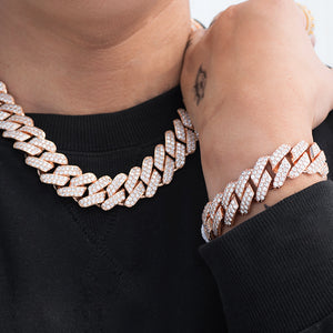 Diamond Two Rows Prong Cuban Bracelet (19mm) in Rose Gold