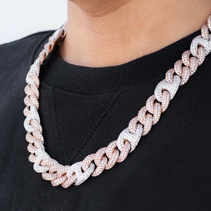 Two-Tone Diamond Cuban Link Chain (15mm) in Rose/White Gold
