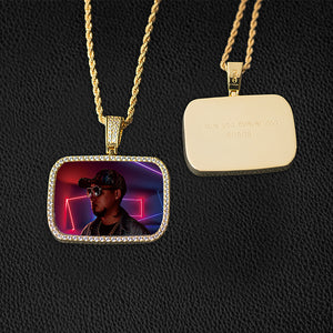 Diamond Custom Rectangle Picture Photo Pendant Necklace In White Yellow Rose Gold DRMD Jewelry
