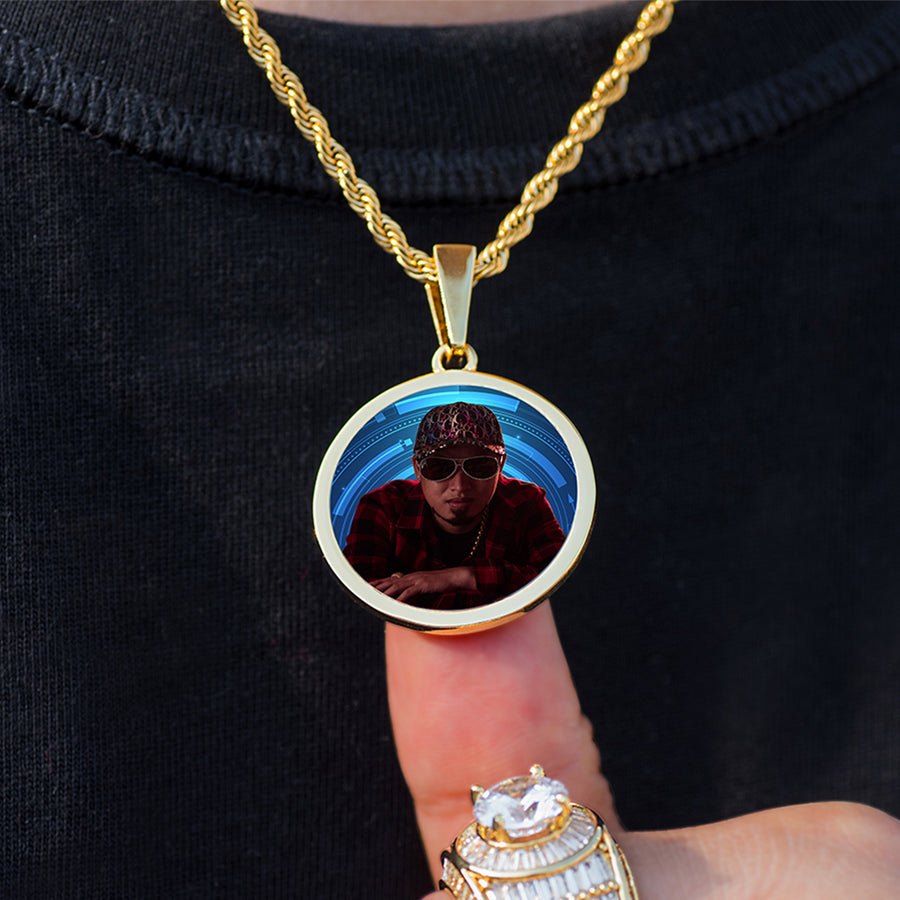 Custom Small Solid Block Round Picture Photo Necklace