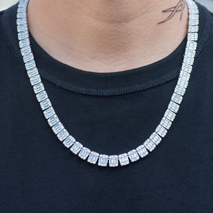 8mm Square Baguette Tennis Necklace in White Gold