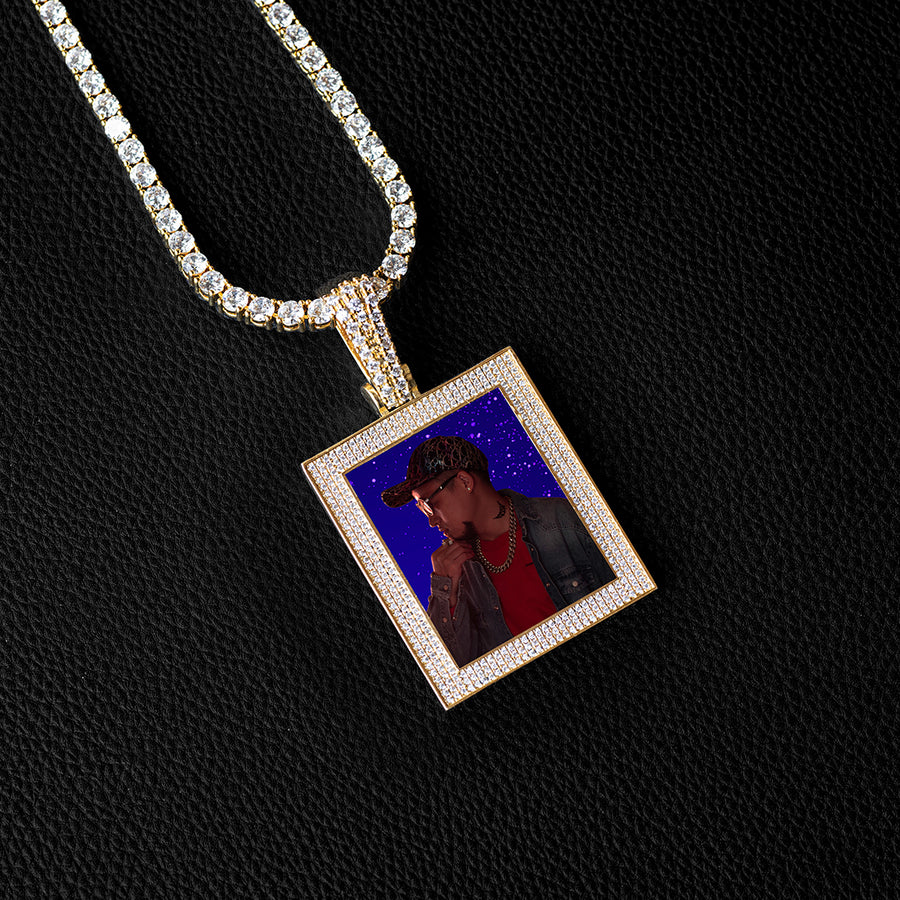 Diamond Custom 3 Layered Rectangle Photo Picture Necklace In White Yellow Rose Gold DRMD Jewelry