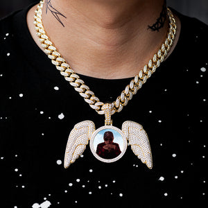 Diamond Custom Large Picture Necklace with Angel Wings Photo Pendant In White Yellow Rose Gold DRMD Jewelry