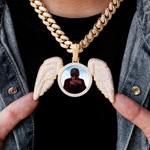 Diamond Custom Large Picture Necklace with Angel Wings Photo Pendant In White Yellow Rose Gold DRMD Jewelry