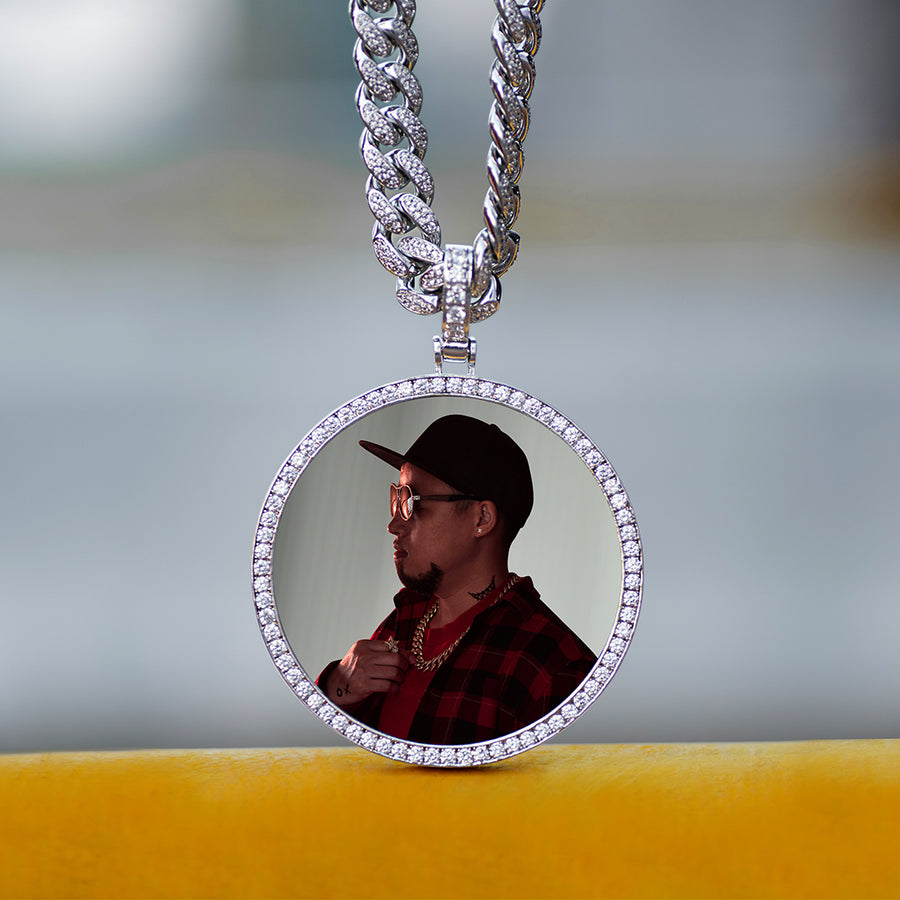 Diamond Custom Large Round Photo Picture Necklace In White Yellow Rose Gold DRMD Jewelry