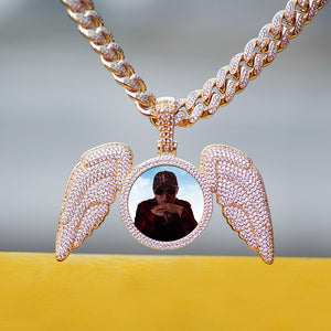 Diamond Custom Large Picture Necklace with Angel Wings Photo Pendant In White Yellow Rose Gold DRMD Jewelry