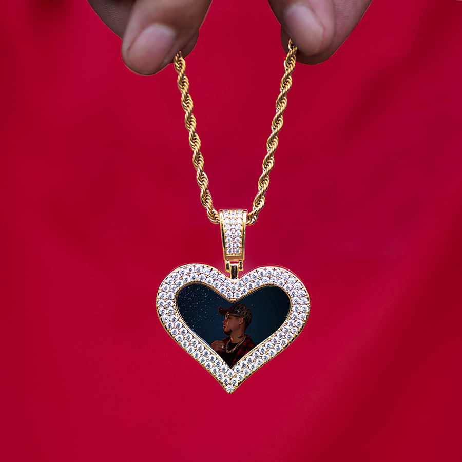 Diamond Custom Heart Picture Photo Necklaces In White Yellow Rose Gold DRMD Jewelry